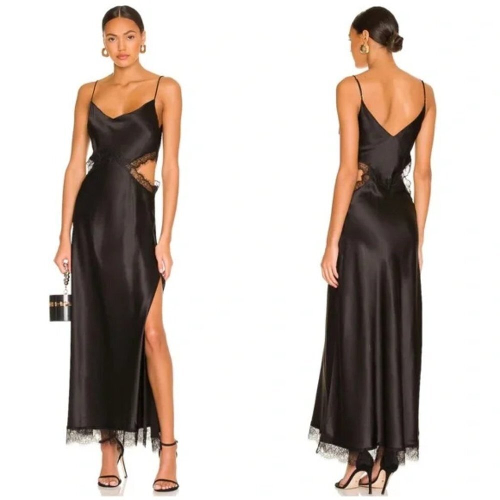🌟 Dannijo Black Cut-Out Lace Trim Side Slit Long Maxi Silk Slip Dress